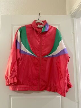Women's Red Colorblock Bomber Jacket with Green & Purple Accents
